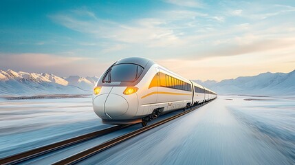 Obraz premium The illustration features a sleek and modern train traveling through a vast and serene landscape