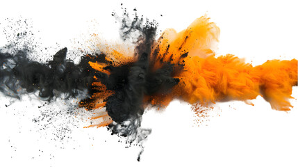 Black, Yellow, Orange colours powder exploding isolated on a transparent background