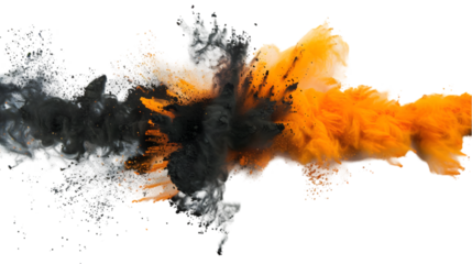 Black, Yellow, Orange colours powder exploding isolated on a transparent background