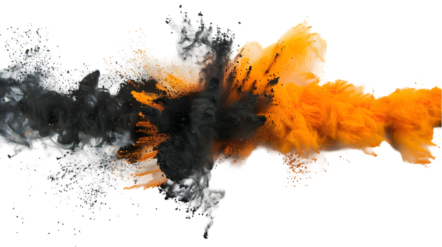 Black, Yellow, Orange colours powder exploding isolated on a transparent background