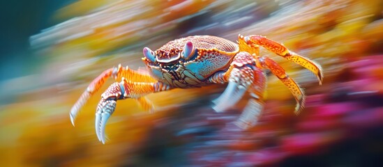 A vibrant orange and blue crab scurries across a colorful, abstract background, its legs blurred by its rapid movement.