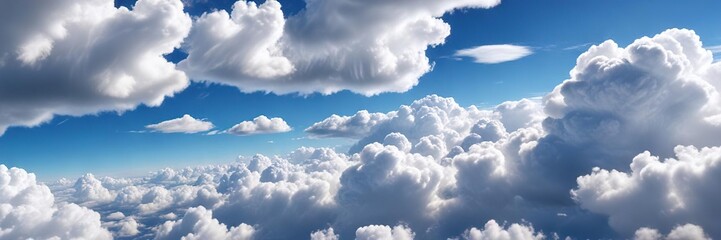 Obraz premium A plane window frames a stunning vista of puffy white clouds against the brilliant blue sky, aerial view, clouds, landscape