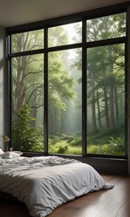 Fototapeta premium A serene forest landscape stretches outside the large window of a tranquil bedroom, , peaceful scene