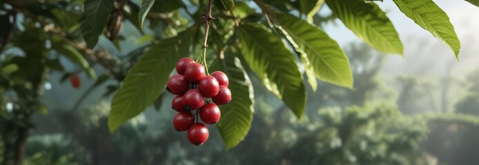 Obraz premium A single coffee berry hanging from the branch of a coffee plant , nature, coffee fruit