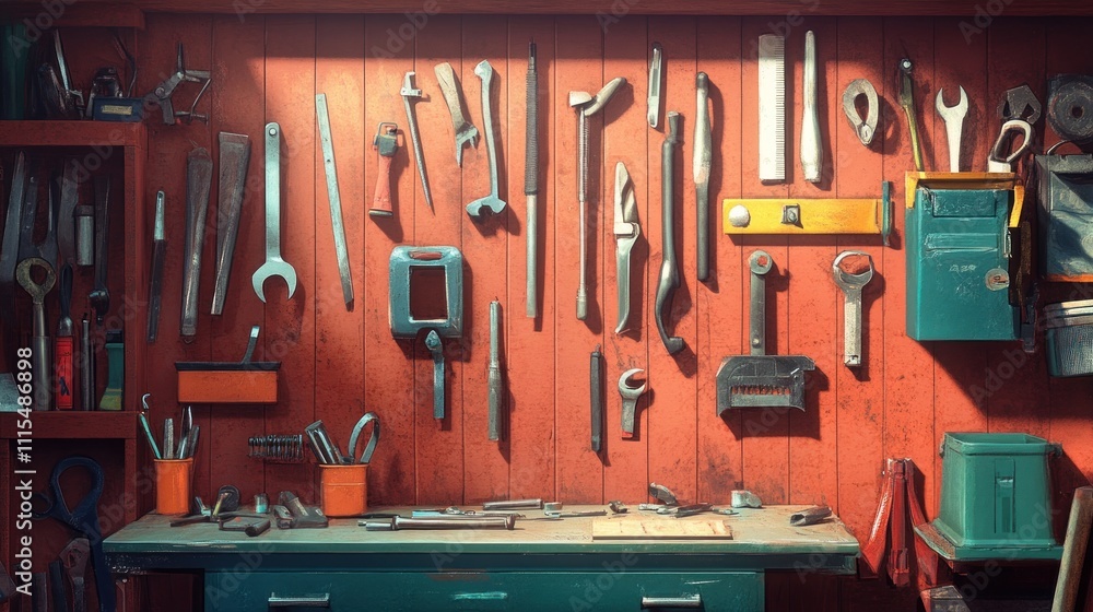 Poster a well-organized workshop with various tools hanging on a red wall and a workbench.