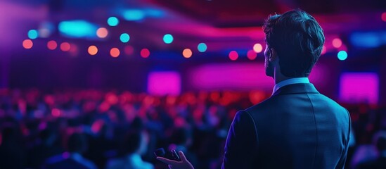 A speaker addresses a large crowd in a brightly lit conference hall.