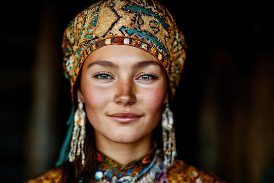 yakut woman in traditional vibrant attire with ornate headdress and earrings, cultural expression
