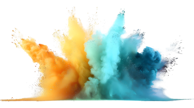 Blue, Green, Gold colours powder exploding isolated on a transparent background