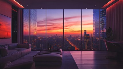 Fototapeta premium Luxury apartment with stunning sunset city view.