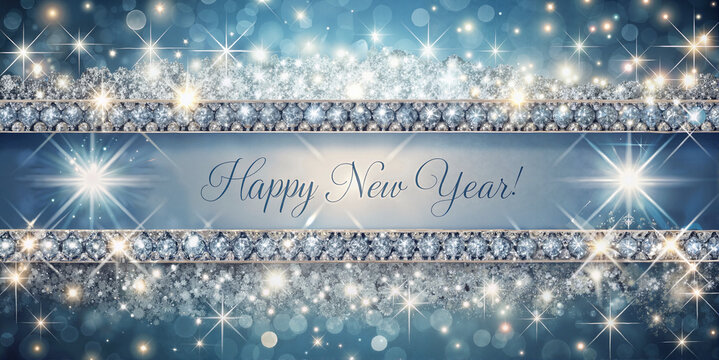 Elegant Happy New Year text with sparkling silver border