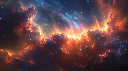 Obraz premium nebula scene with a lone figure overlooking a fiery cosmic landscape amidst a starry sky