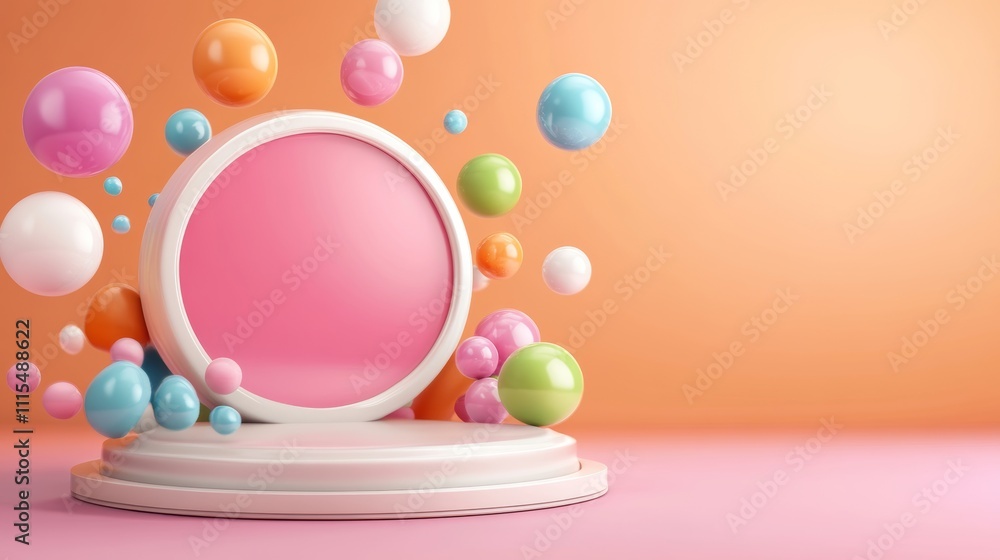 Poster vibrant 3d display platform with colorful spheres and background