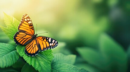 Obraz premium A vibrant butterfly rests delicately on the lush green leaves showcasing the beauty and importance of biodiversity
