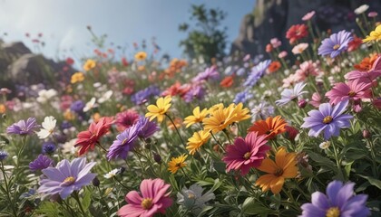 Obraz premium colorful flowers swaying gently in the breeze, flower fields, outdoor garden