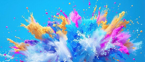 Colorful Holi paint powder explosion on a blue background with white accents , rainbow colors, holi festival colors, colorful powder