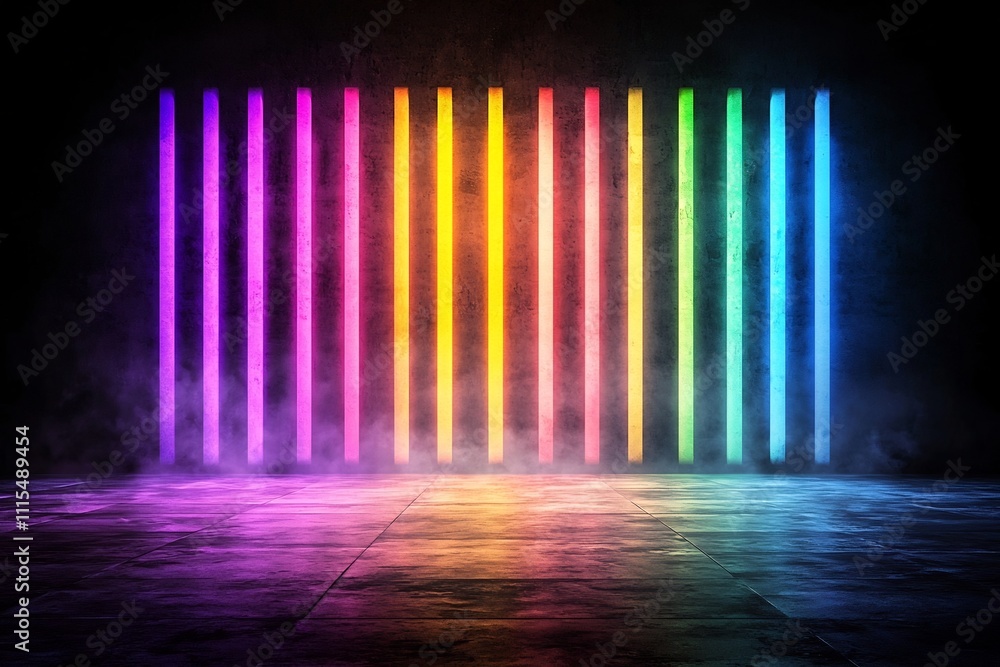 Poster pulsating rainbow colored vertical stripes on stage with vibrant modern setup and dynamic energy