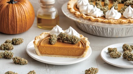 A pumpkin pie slice topped with whipped cream and cannabis, surrounded by a whole pumpkin and...