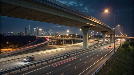 Fototapeta premium Colorful shHigh-speed highway overpass at night with blurred traffic and city lights in the background, steel, speed, concrete, overpass