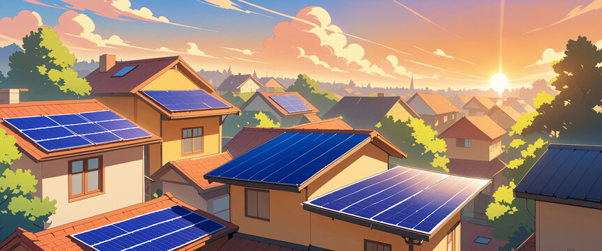Harnessing solar energy with photovoltaic panels on eco-friendly rooftops, advancing sustainable living and renewable energy solutions in amine style, manga , cartoon.