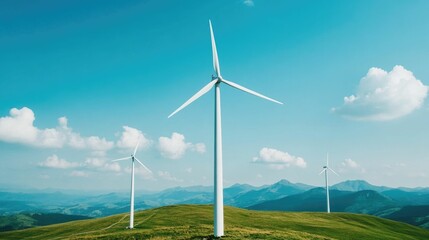 Fototapeta premium Scenic landscape with wind turbines generating clean renewable energy as part of sustainable low carbon living initiatives The wind turbines stand tall against the backdrop of rolling hills