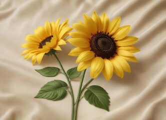 Fototapeta premium Delicate sunflower embroidery on silk fabric against soft natural light, floral motifs, sunflowers