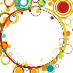 Abstract colorful circular frame with vibrant concentric circles and bubbles on white background, ideal for design, presentation or invitation.