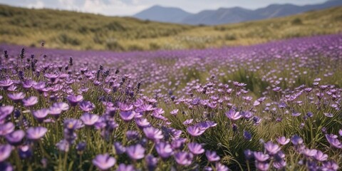 Obraz premium Field of purple flowers swaying in the breeze, wildflower field, wind, landscape