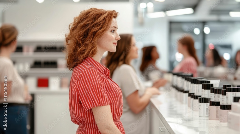 Aufkleber young female redhead standing near product display shelves during a live shopping event engaging wit