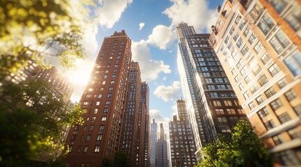 Iconic Wall Street commercial buildings, lined with historic and modern architecture, showcasing the heart of global finance and bustling urban business life.