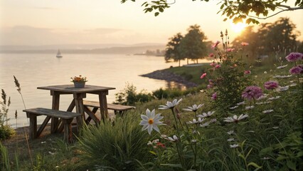 flowers and a small wooden table set amidst lush greenery are positioned near the shore of a serene lake as the sun begins to set, flowers, shadow, reflection, lake, table
