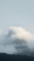 Fototapeta premium Fog rolls in over a granite peak on a grey morning, grey, in, roll