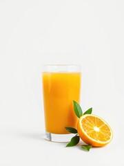 Fototapeta premium Freshly squeezed orange juice in a glass on a minimalist white background , empty space, clean, minimalism