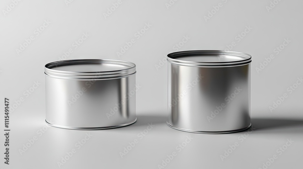 Poster two round tin cans mockup on a white background, ideal for design presentation. this round tin can m
