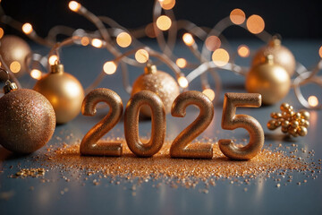 Festive atmosphere 2025 metallic letters golden glitter fairy lights