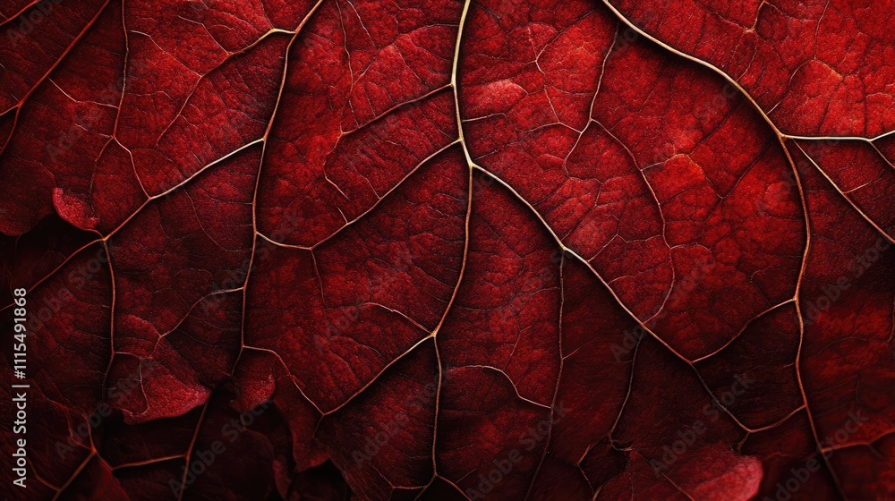 Poster Closeup capture of a red autumn grape vine leaf, emphasizing its vibrant hues and intricate textures, perfect for highlighting the beauty of nature with ample copy space.