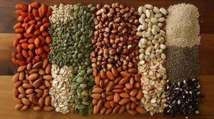Fototapeta premium A diverse selection of organic whole foods is arranged on a wooden countertop, including nuts, seeds, and grains, creating a vibrant display of healthy ingredients with ample copy space.