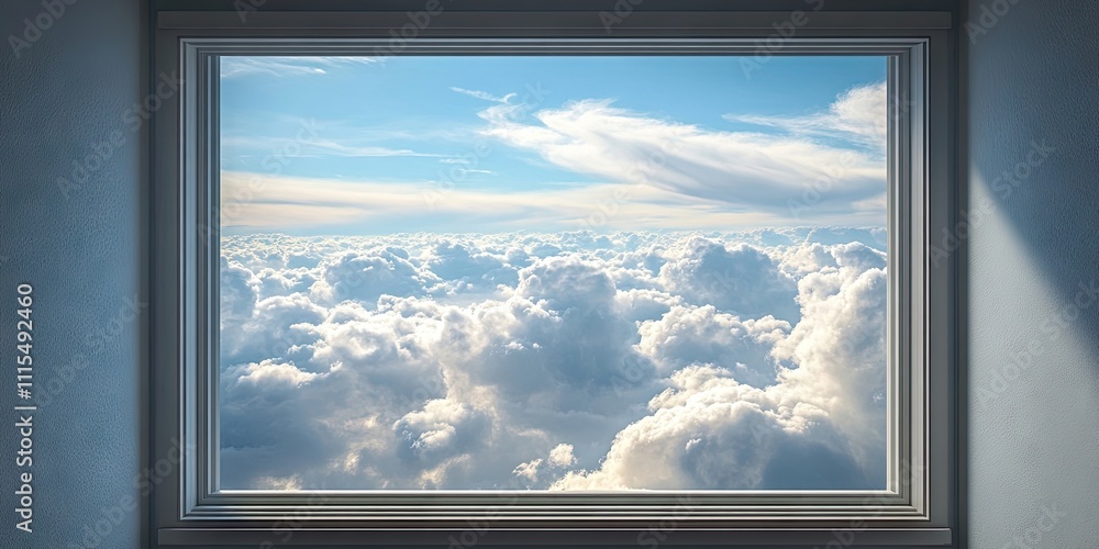 Poster a peaceful view from a window features a sky filled with clouds, creating a serene and calming atmos
