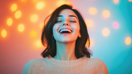 Close up portrait of a smiling delighted woman during an ecommerce live session showcasing audience engagement product reviews and interactive QA for an online store or digital marketing campaign