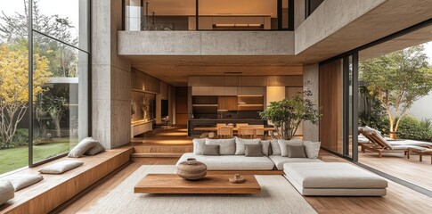 Fototapeta premium Modern Minimalist Home Interior Design Featuring Wood And Concrete