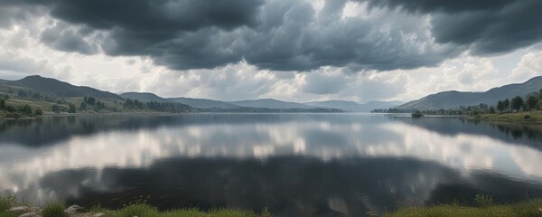 Obraz premium Overcast sky with clouds over Alba lake and surrounding landscape, cloudy sky, landscape