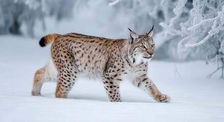 Obraz premium Majestic lynx gracefully walking through a snowy winter landscape