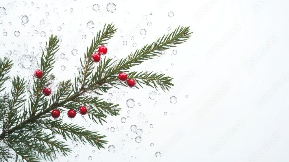 Poster green spruce branch adorned with prisms and red berries against a white background filled with bubbl