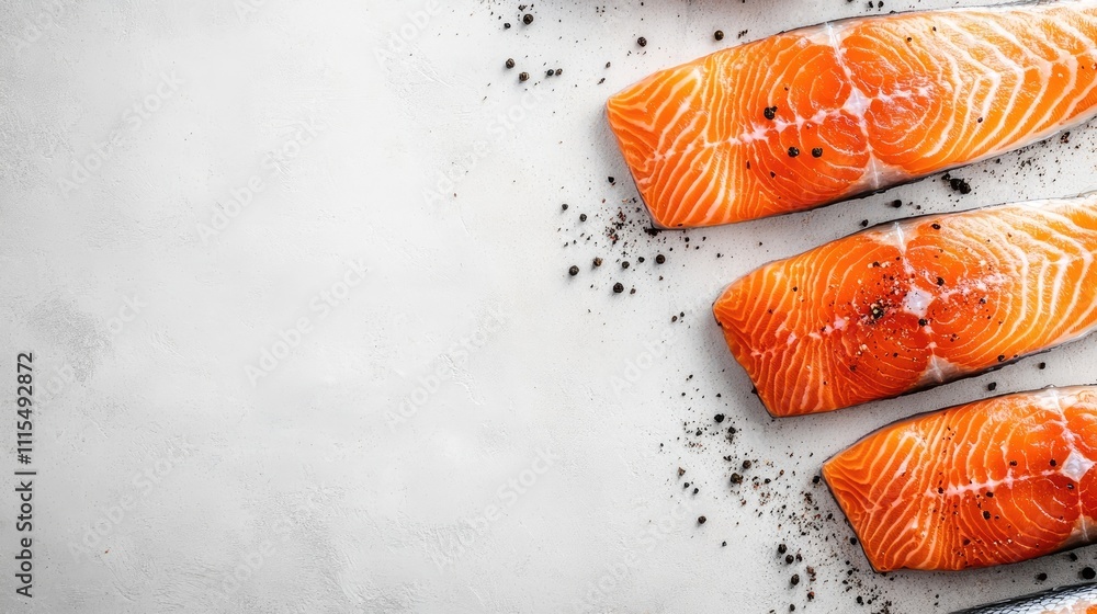 Poster raw salmon fish displayed on a light background, with a top view perspective emphasizing the fresh s
