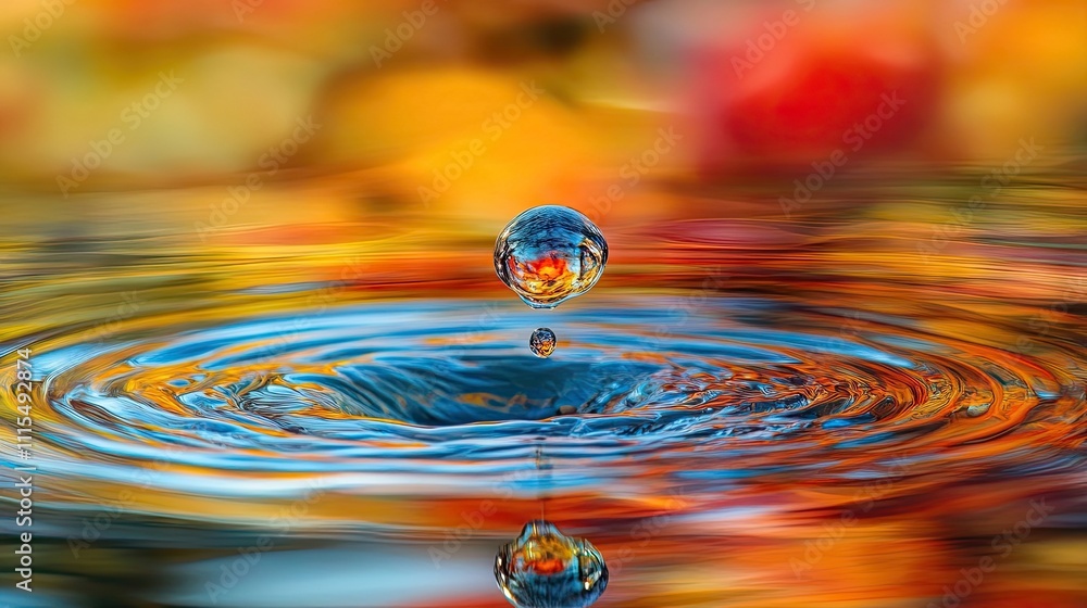 Poster vibrant water droplets create mesmerizing patterns over a serene surface of water waves, capturing t