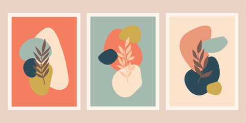 Abstract Art Designs with Organic Shapes and Leaves. Botanical modern art posters. Contemporary wall art prints for posters, cover, social media © DesignToonsy