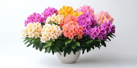 Obraz premium A lovely display of vibrant rhododendrons beautifully arranged in a pot, set against a clean white background, captures attention with their stunning colors and appearance.