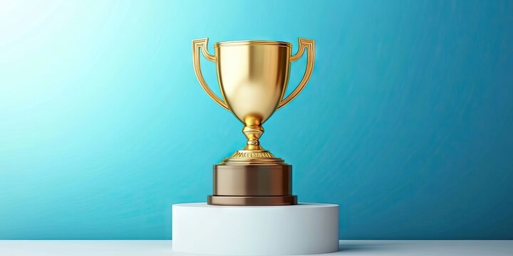 Carefully positioning a golden trophy on a podium signifies success and triumph. This symbolizes accomplishment and victory, with ample space for additional details.