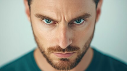 Close up portrait of a serious looking man with an intense penetrating gaze that conveys a sense of raw determination inner strength and powerful emotions