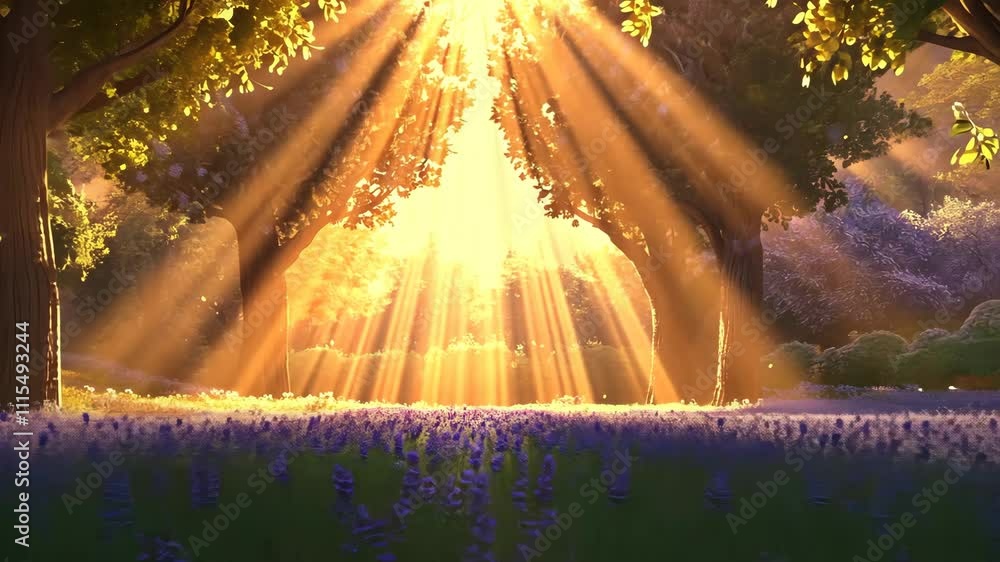 Poster sunlight streams through trees illuminating a field of purple flowers at dawn in a serene natural se