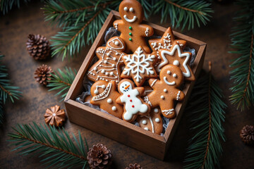 Festive holiday scene wooden box gingerbread cookies green fir